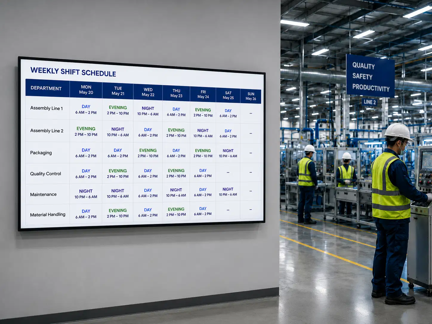 Shift schedule and roster display at a manufacturing shift-change point Shift schedule and roster display at a manufacturing shift-change point
