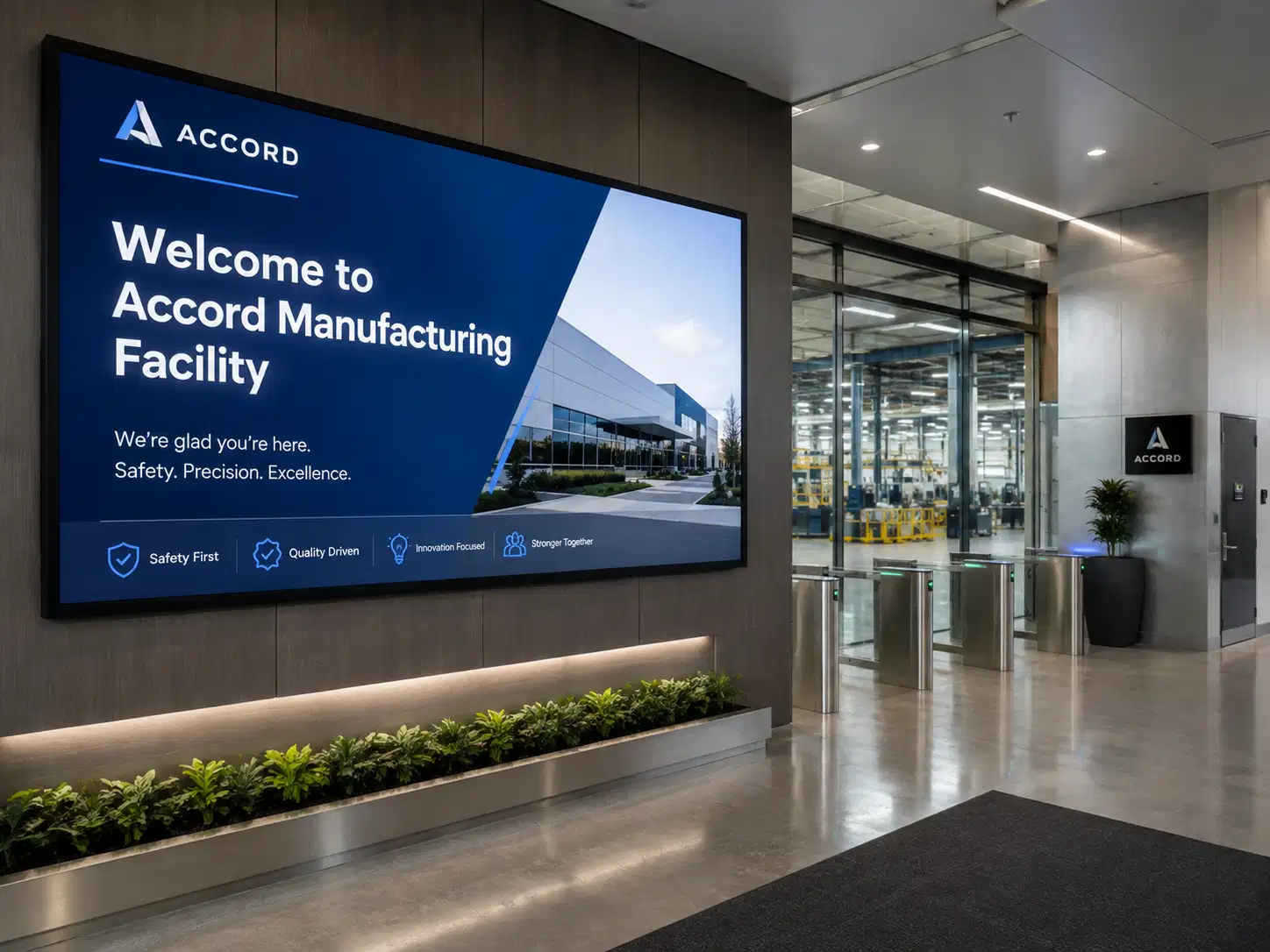 Visitor and contractor orientation screen at a manufacturing facility entrance Visitor and contractor orientation screen at a manufacturing facility entrance