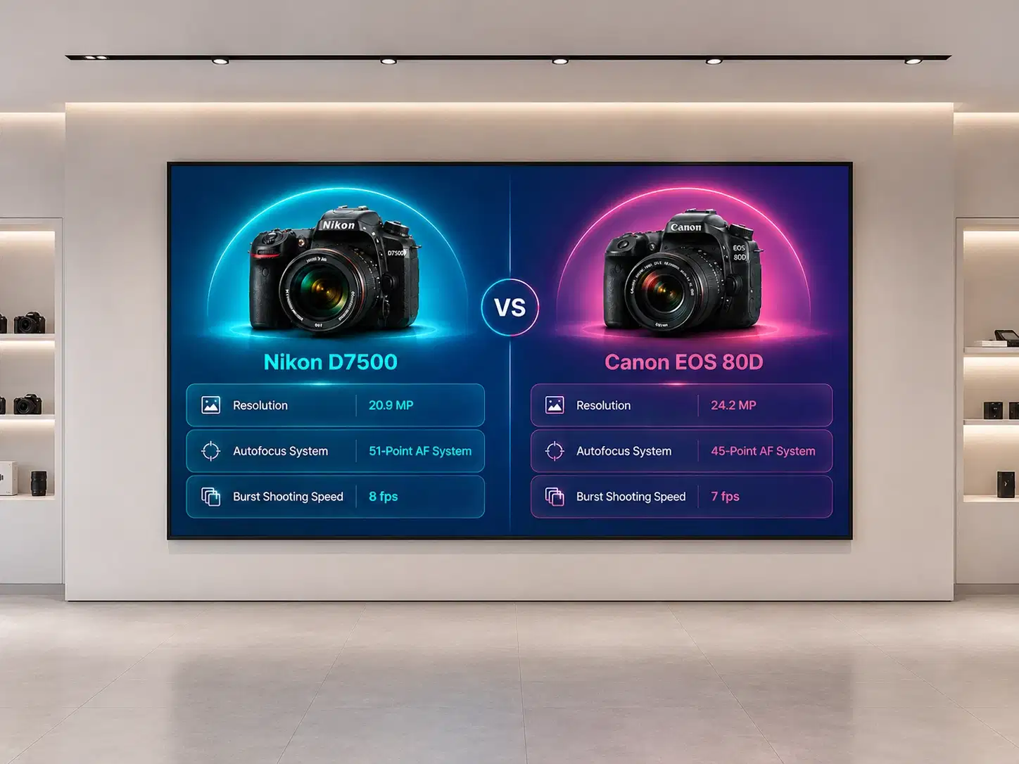 Product comparison charts displayed on electronics store screens powered by Pickcel Product comparison charts displayed on electronics store screens powered by Pickcel