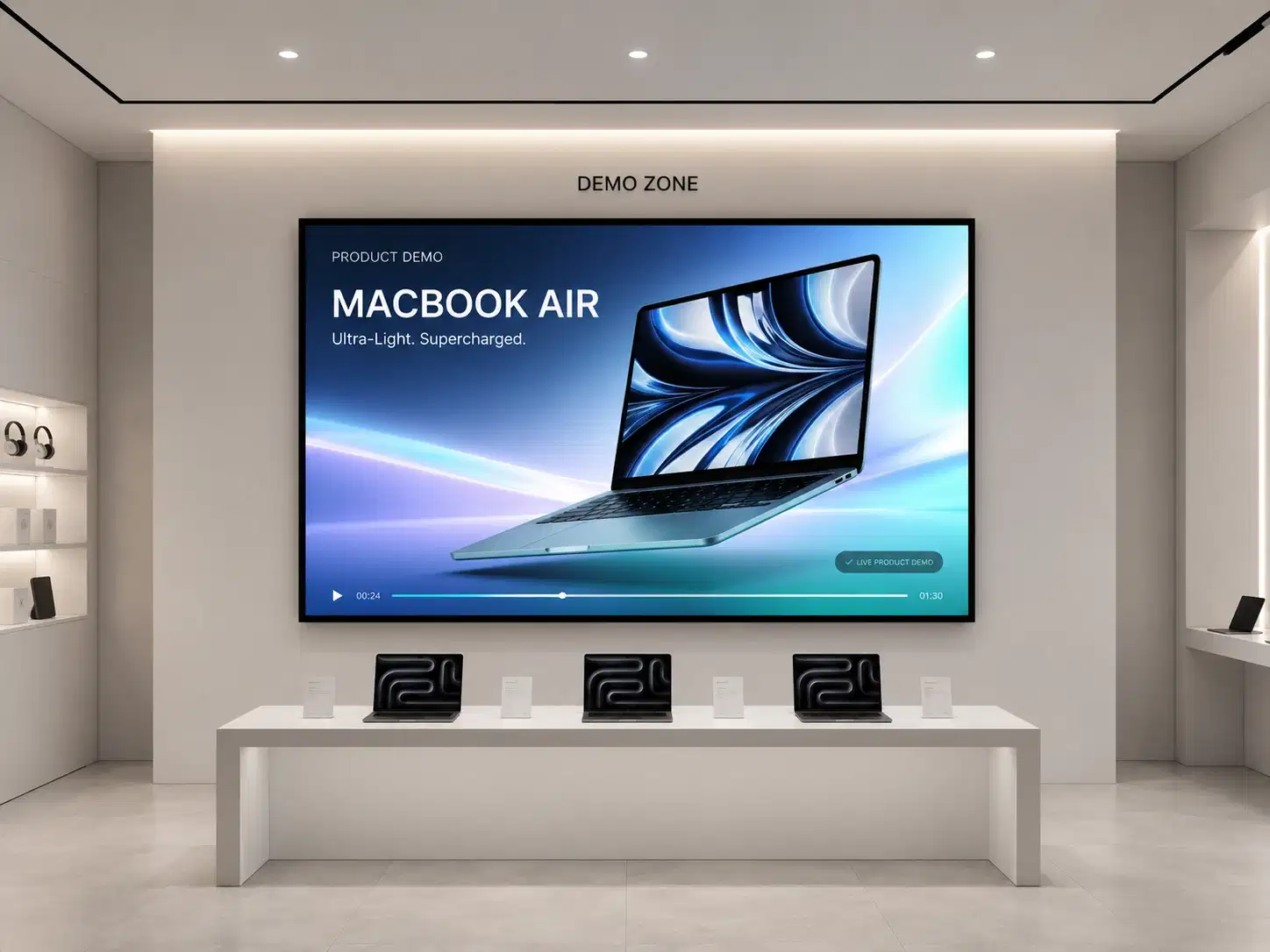 Electronics store demo zone with product videos running automatically via Pickcel Electronics store demo zone with product videos running automatically via Pickcel
