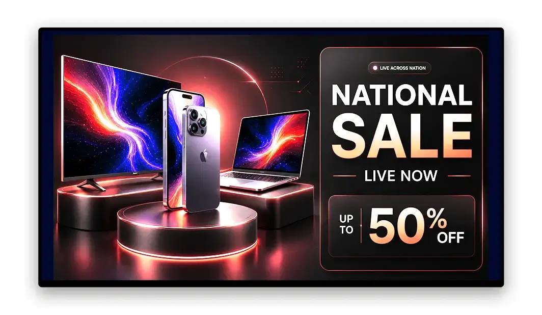 Electronics store marketing campaign launching simultaneously across all locations via Pickcel