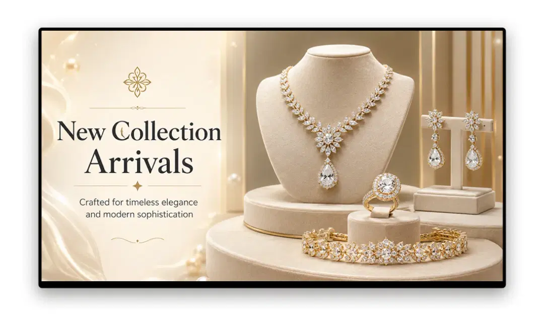 Luxury jewellery boutique window display reflecting current campaign content via Pickcel