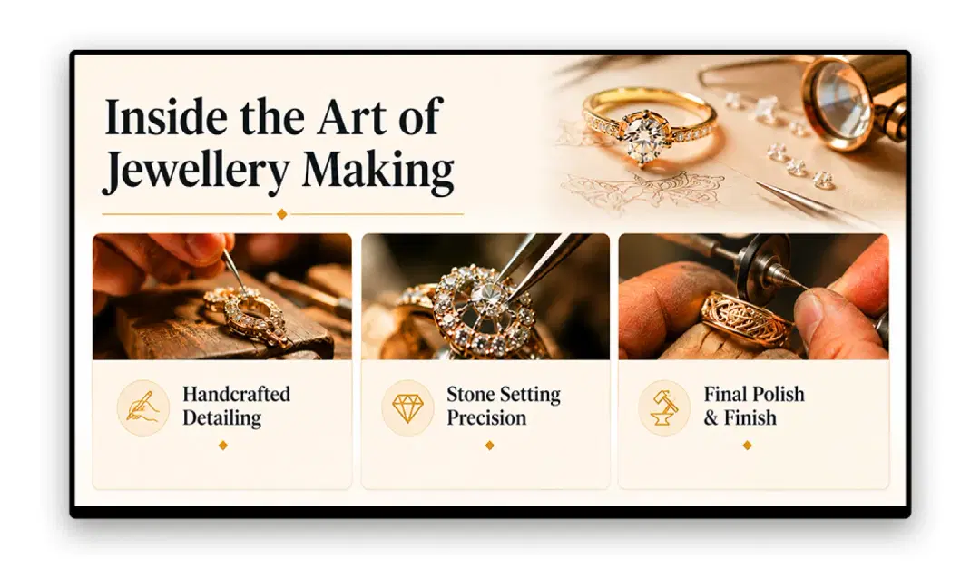 Visual merchandising screen showing jewellery craftsmanship and product detail close-ups in-store