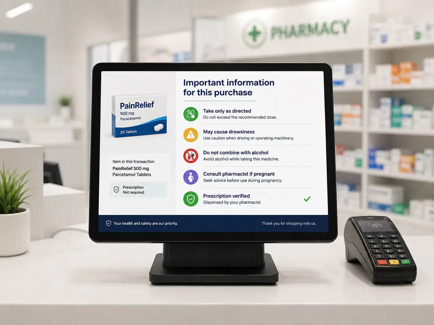 POS-linked retail screen showing safety and compliance messaging POS-linked retail screen showing safety and compliance messaging