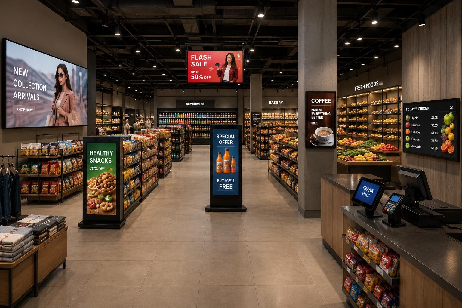 Retail store interior with Pickcel digital signage on video walls, promotional kiosks, and price boards