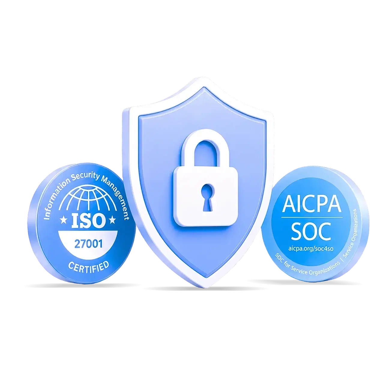 Enterprise security shield with ISO 27001 and AICPA SOC 2 certification badges Enterprise security shield with ISO 27001 and AICPA SOC 2 certification badges