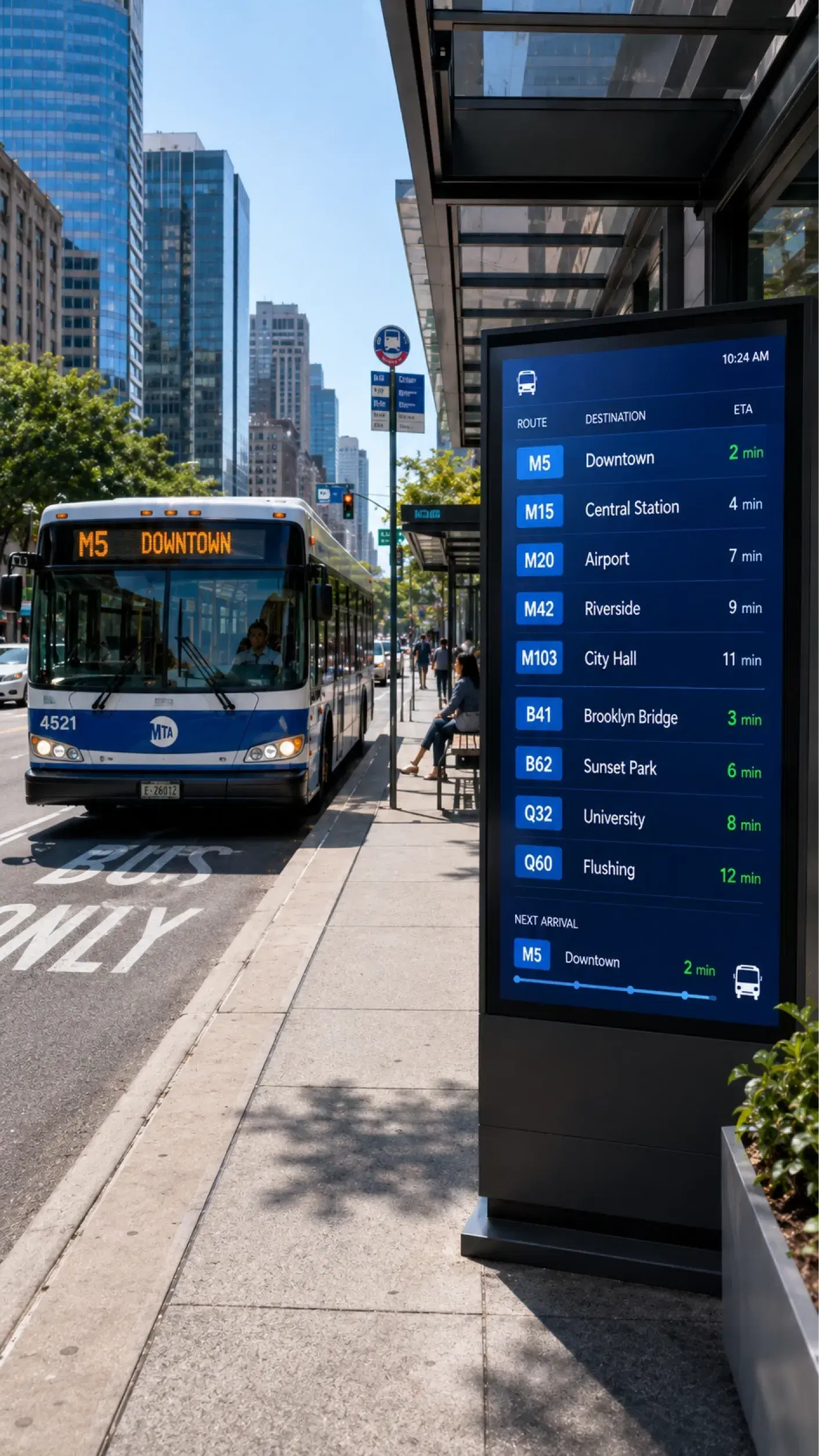 Bus stop PIDS digital signage Bus stop digital signage displaying real-time AVLS arrival data powered by Pickcel PIDS