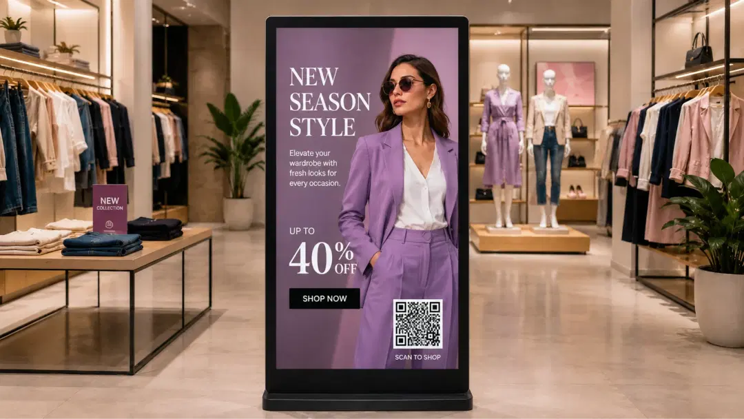 Advertising kiosk in a retail space showing interactive promotional content