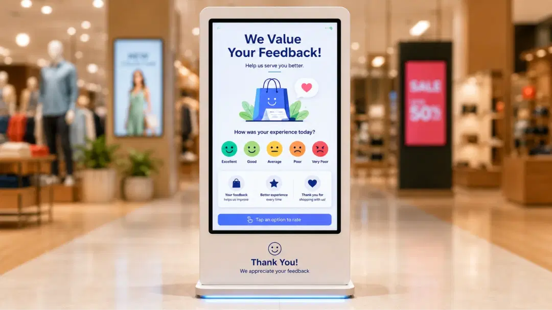 Feedback collection kiosk at a retail exit showing satisfaction survey interface