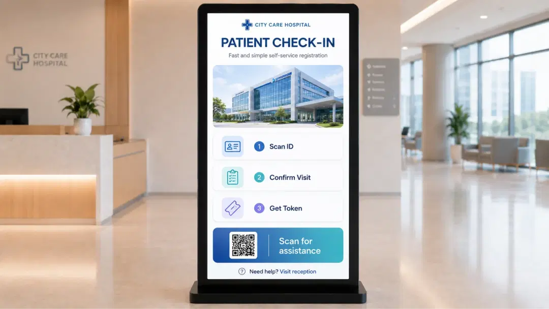 Healthcare kiosk in hospital reception for patient check-in and appointment management