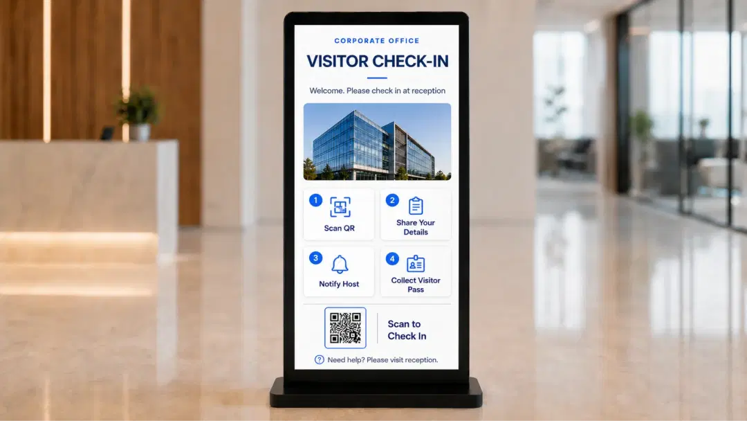 Information kiosk in a corporate lobby displaying a directory and wayfinding map
