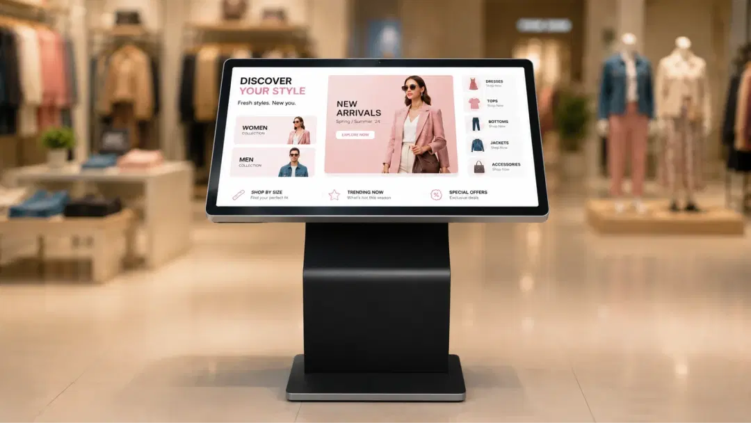 Retail kiosk showing product catalogue interface for self-service discovery