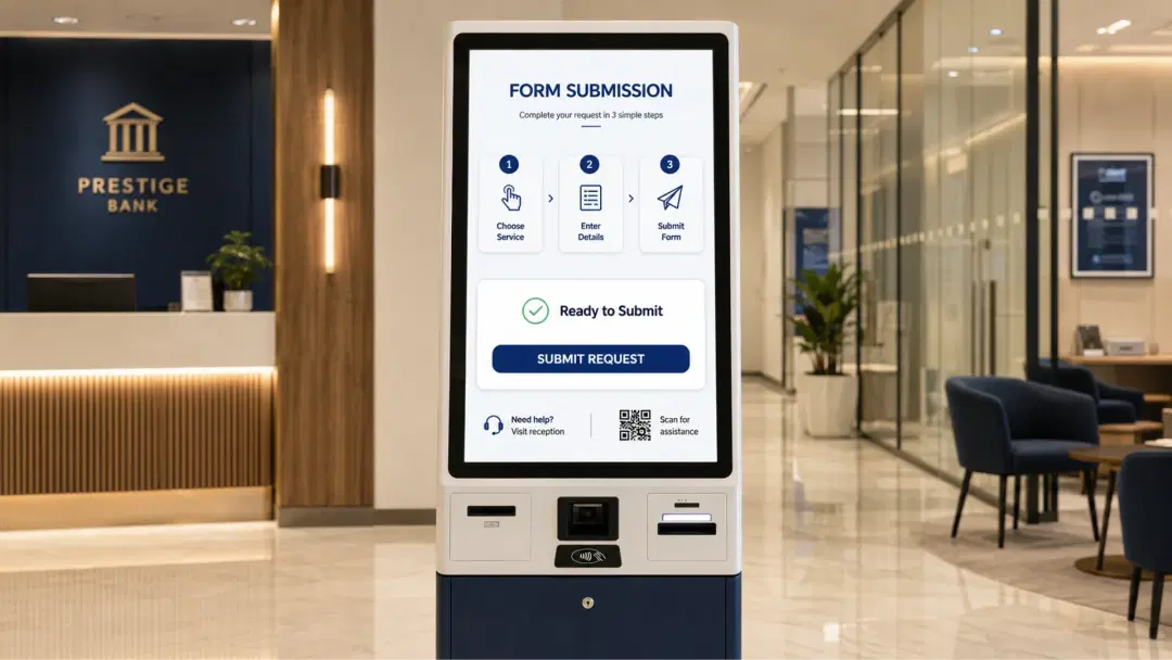 Self-service kiosk in a government office for form submission and queue management