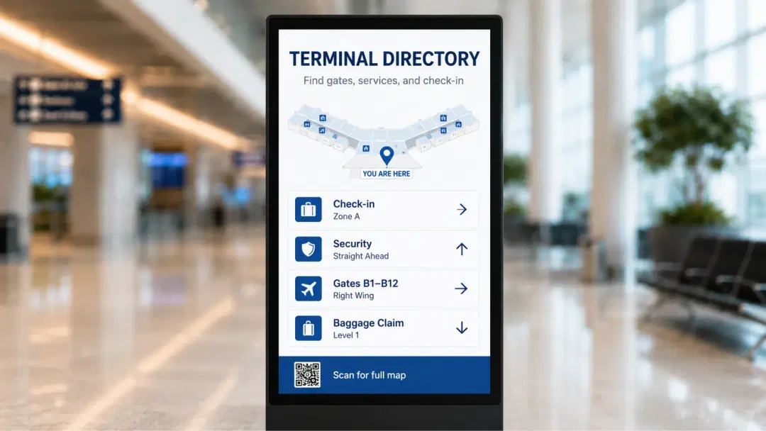 Wayfinding kiosk in a hospital corridor showing interactive floor plan and point-to-point navigation