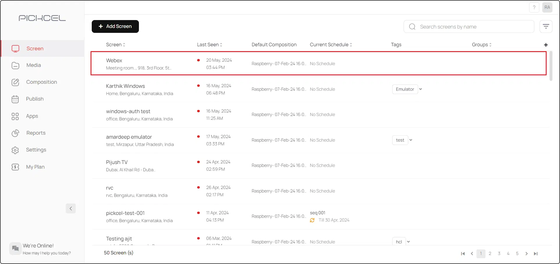 Activated screens list Activated screens list