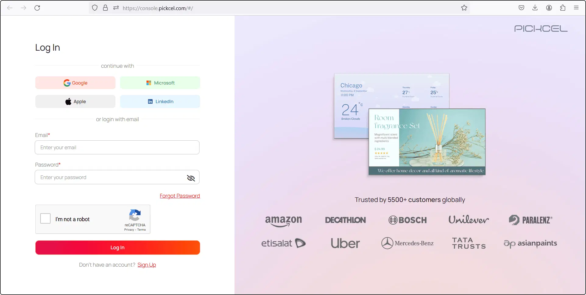 Pickcel software sign up screen Pickcel software sign up screen
