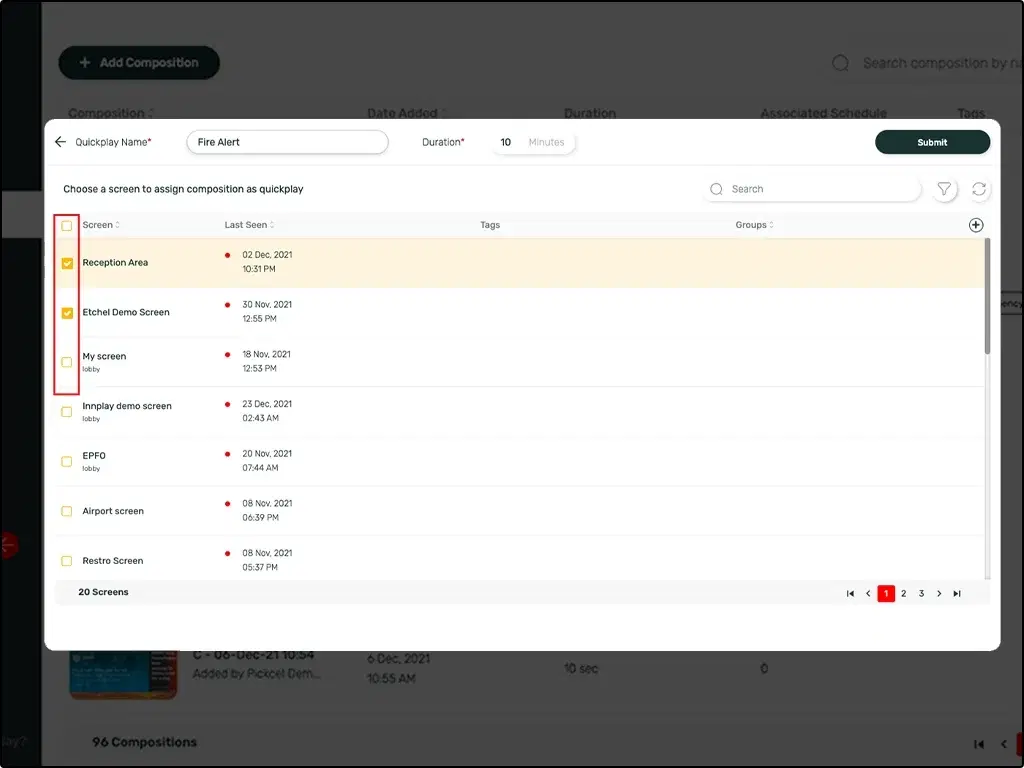 Screens selection window Screens selection window