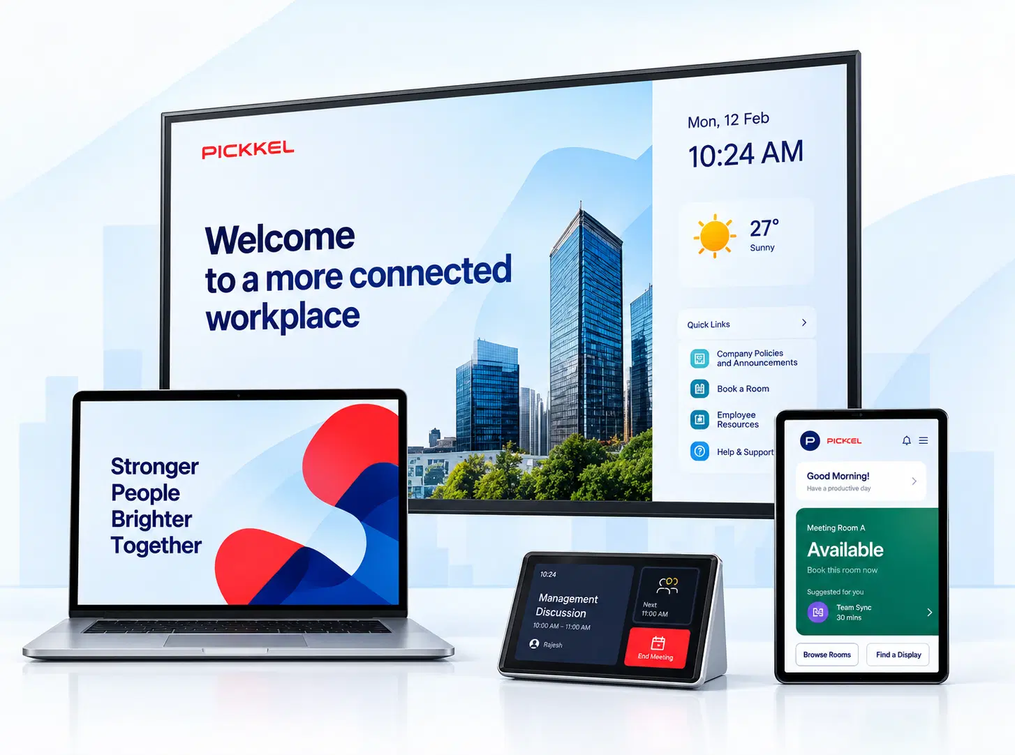 Workplace communication on a display, laptop, room device and tablet