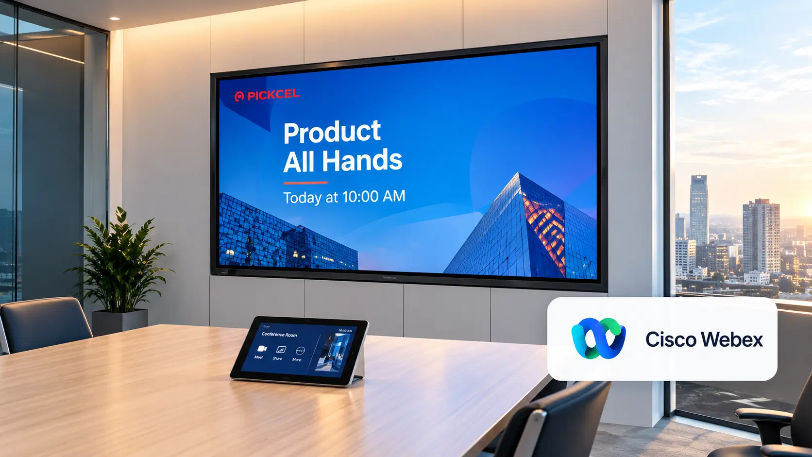 Meeting room with Webex device showing workplace communication content