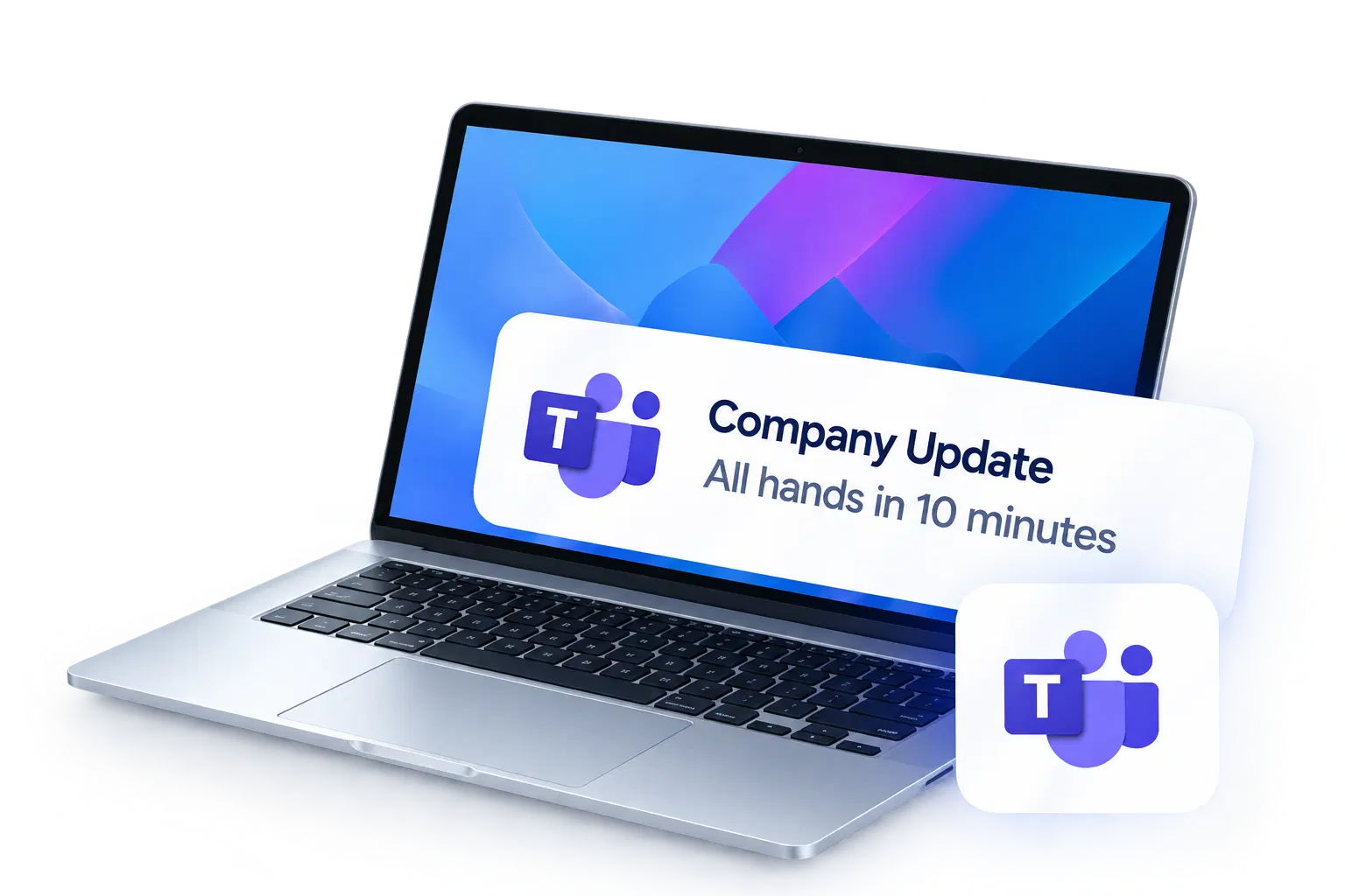 Laptop showing a Microsoft Teams company update notification