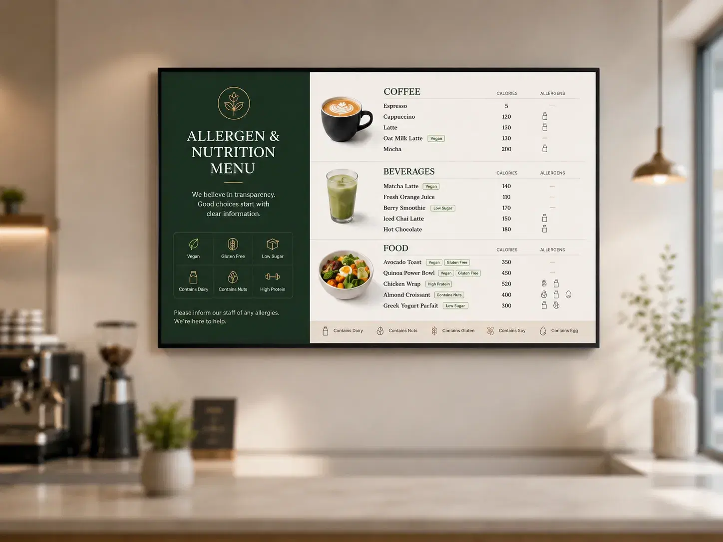 Pickcel cafe digital menu board tile showing allergen tags and calorie count next to an item's price Pickcel cafe digital menu board tile showing allergen tags and calorie count next to an item's price