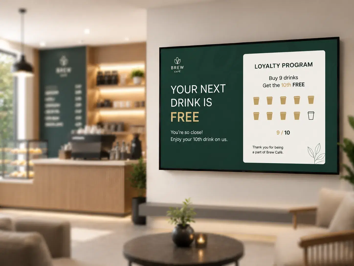 Pickcel cafe digital menu board showing loyalty content zones alongside the menu Pickcel cafe digital menu board showing loyalty content zones alongside the menu