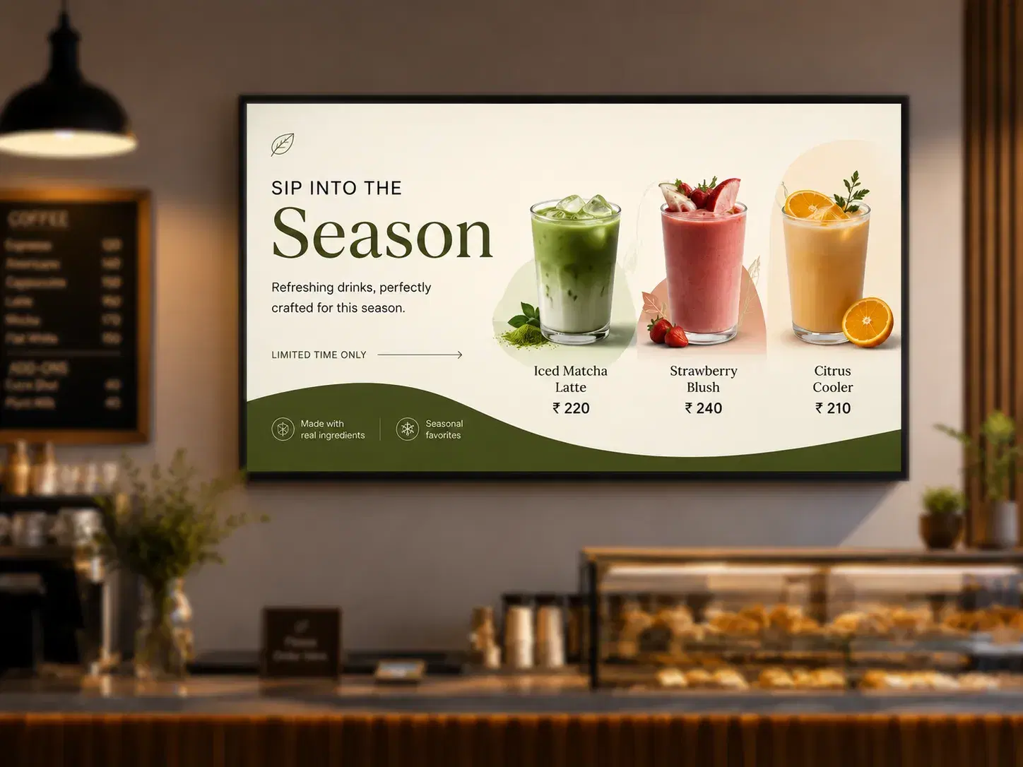 Pickcel cafe digital menu board showing a seasonal item scheduled to expire and swap automatically Pickcel cafe digital menu board showing a seasonal item scheduled to expire and swap automatically