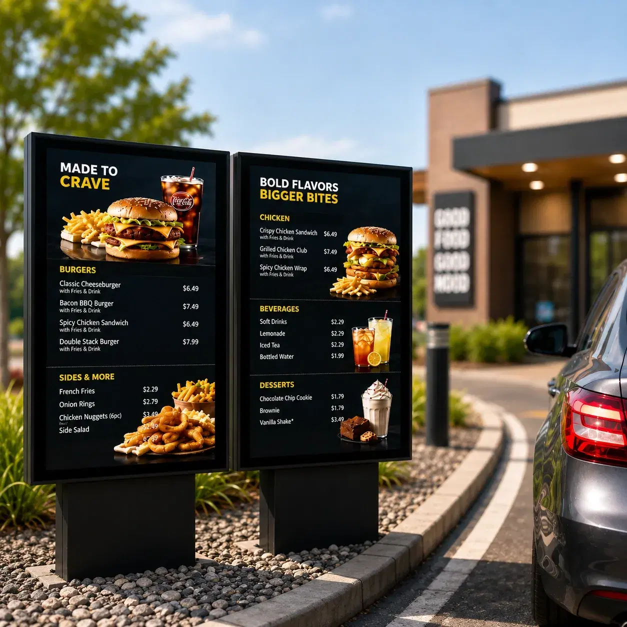 Pickcel drive-thru digital menu board with live POS-synced pricing Pickcel drive-thru digital menu board with live POS-synced pricing