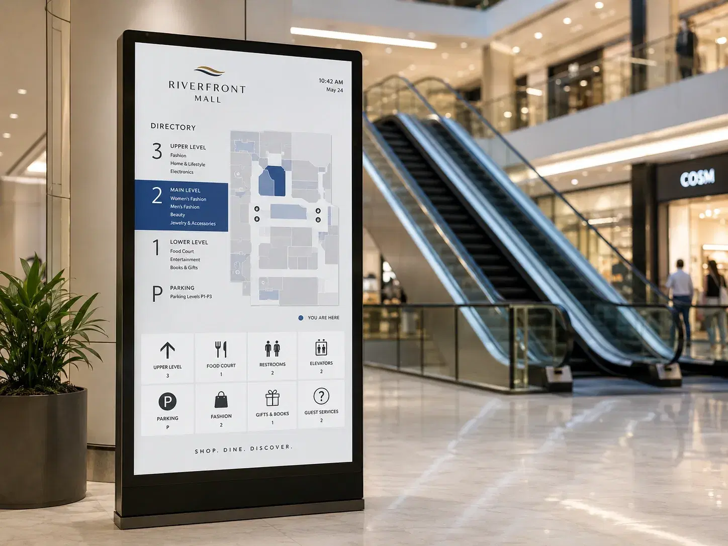 Entrance directory board and wayfinding kiosk in a food court common area Entrance directory board and wayfinding kiosk in a food court common area