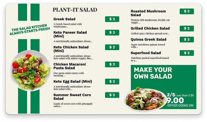 Modern restaurant digital menu board template with food categories and pricing Modern restaurant digital menu board template with food categories and pricing