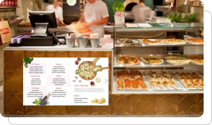 Custom-play with your menu Pizzeria digital menu board showcasing featured pizzas and prices