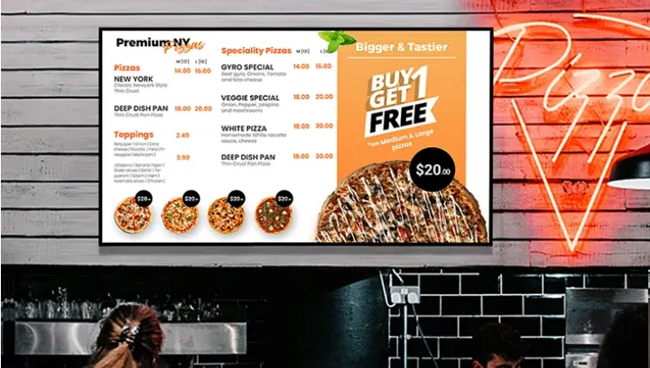 Pizzeria interior with digital menu boards displaying pizza options Pizzeria interior with digital menu boards displaying pizza options