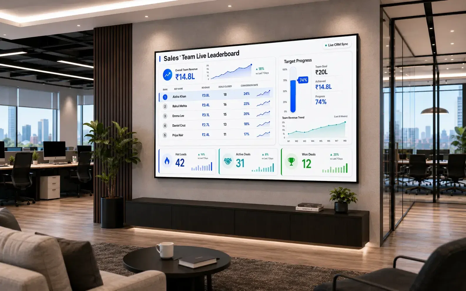 Pickcel digital sales board showing live sales leaderboard and team targets on large office screen Pickcel digital sales board showing live sales leaderboard and team targets on large office screen