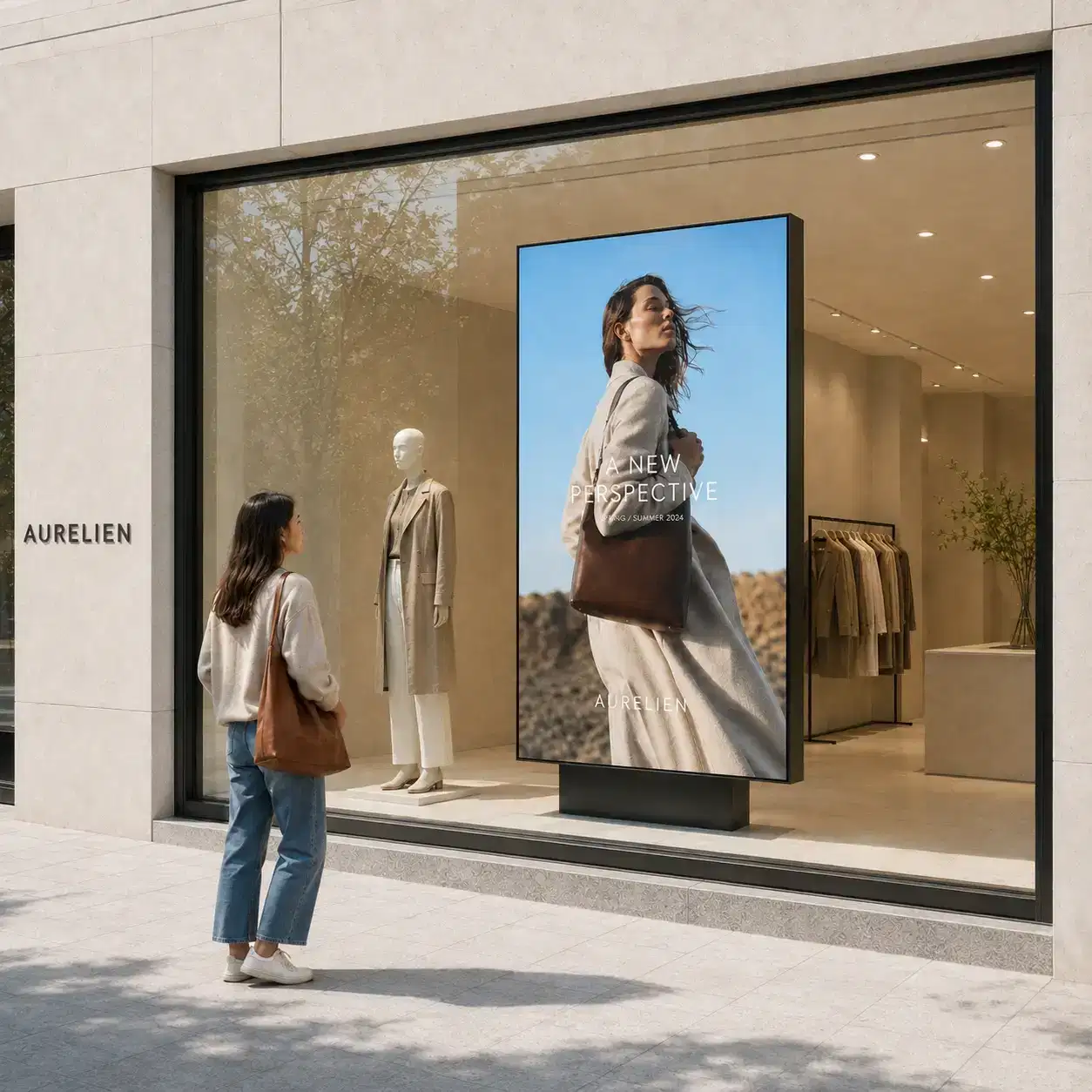 Comparison of an indoor-grade display washing out in daylight next to a daylight-readable Pickcel window display staying legible