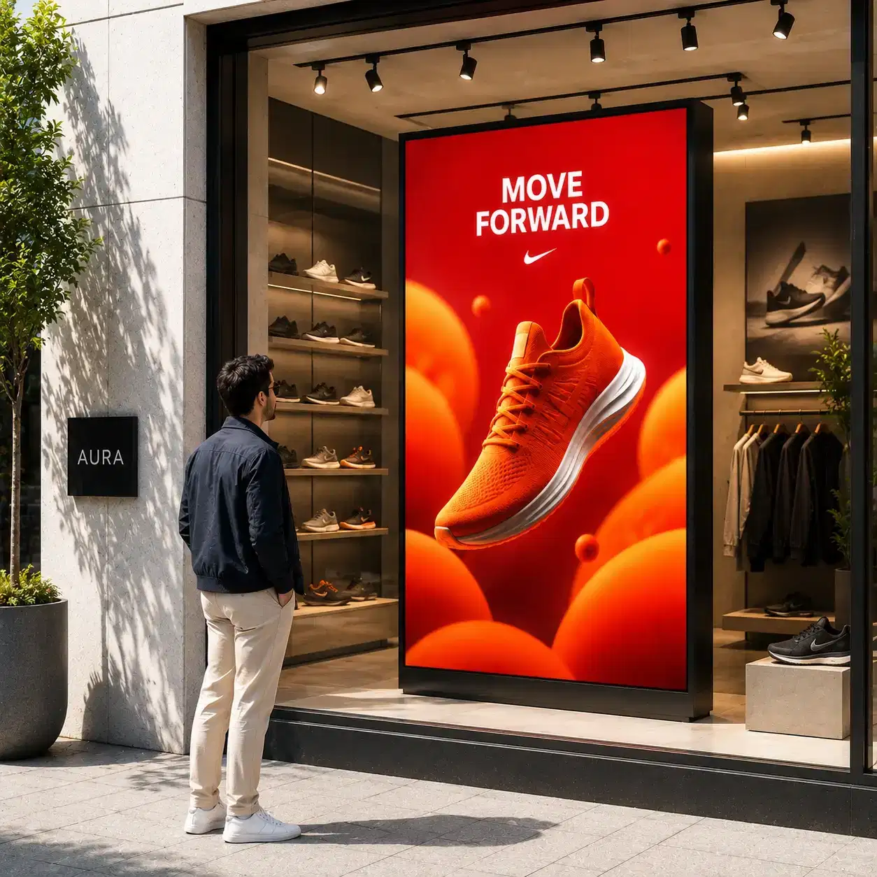 Fashion retail storefront window display running a scheduled campaign