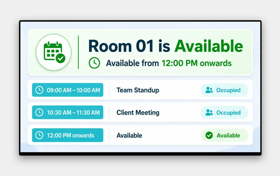 Corporate office display board showing KPIs and announcements