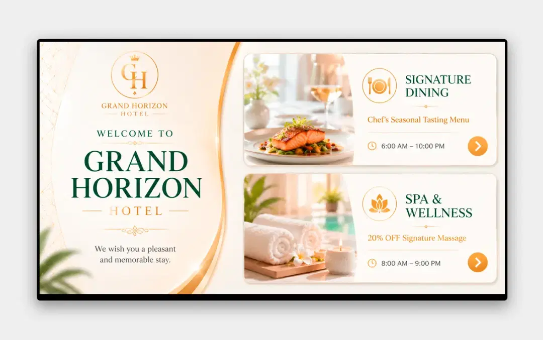 Hotel display board with menus and event listings
