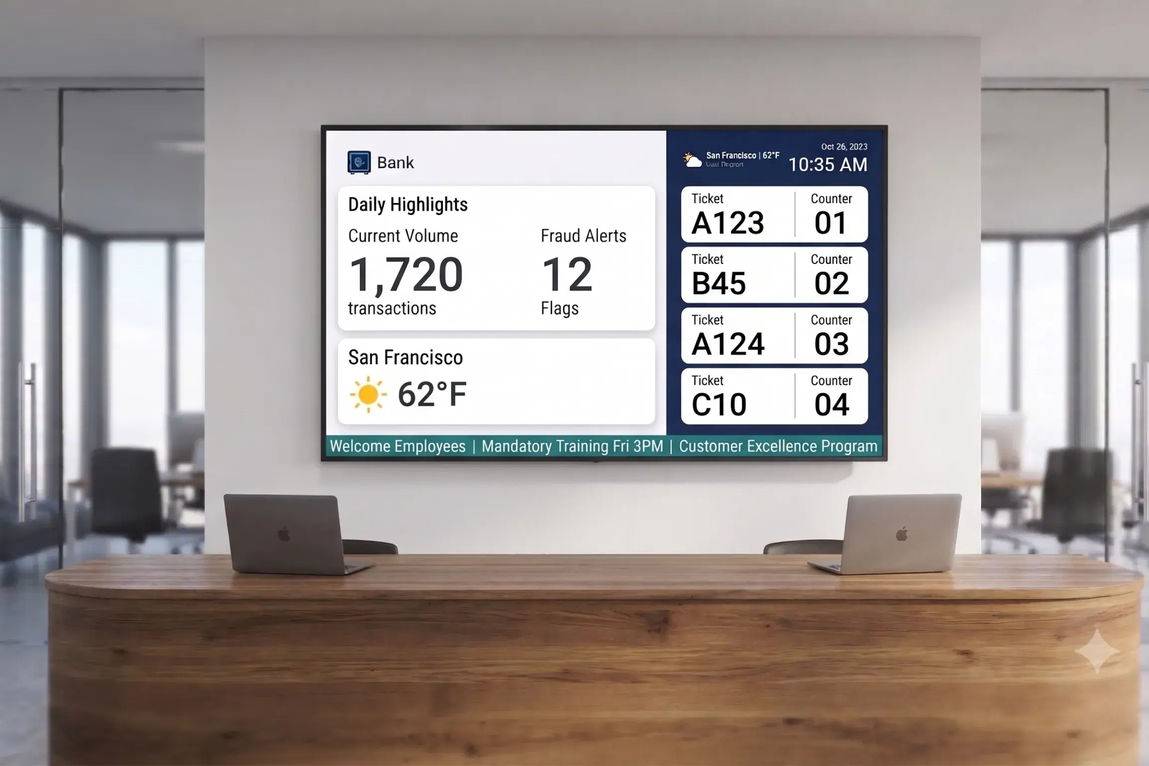 Banking & Financial Services Pickcel branch screen displaying compliance update in a bank branch
