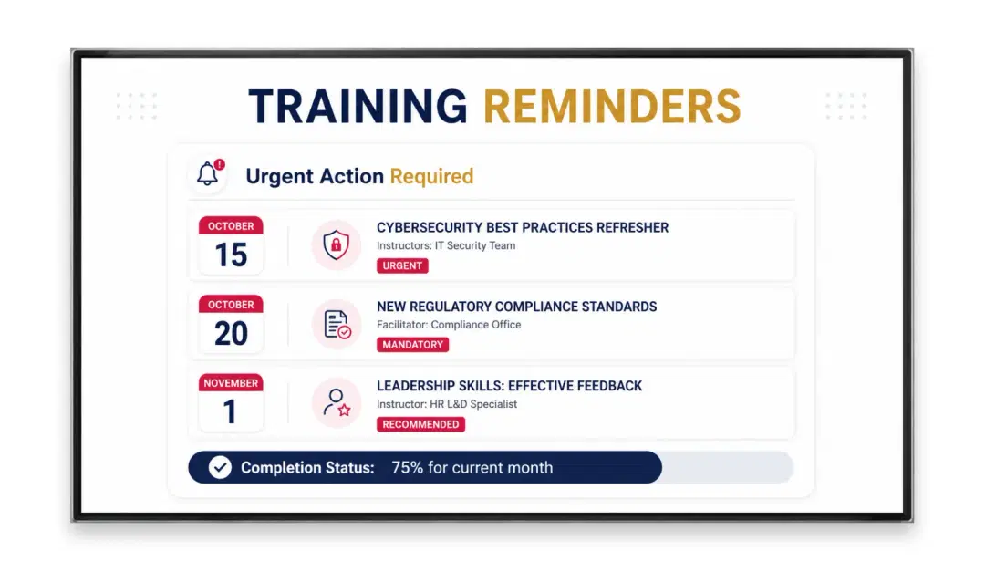 Bank branch screen displaying mandatory training reminder for counter staff