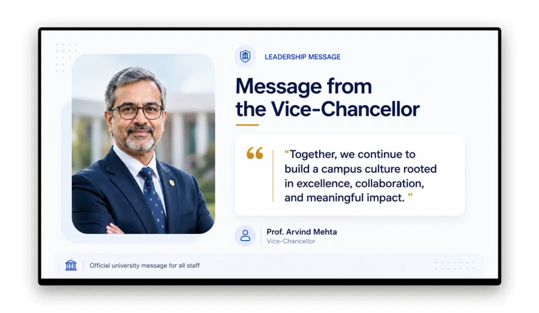 Campus screen showing senior leadership announcement