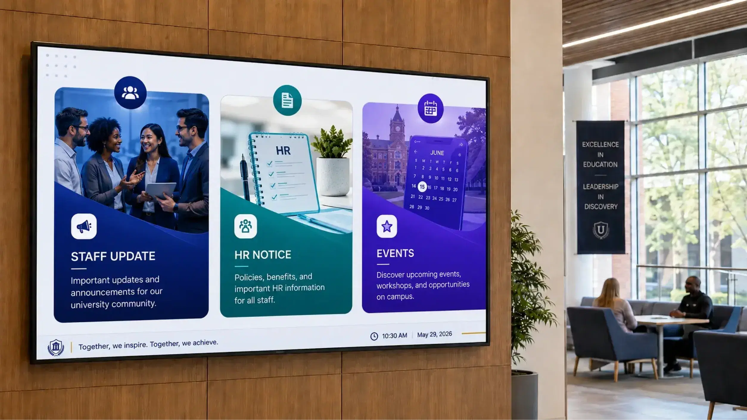 Higher Education Pickcel digital signage dashboard showing separate student and staff screen groups across a university campus