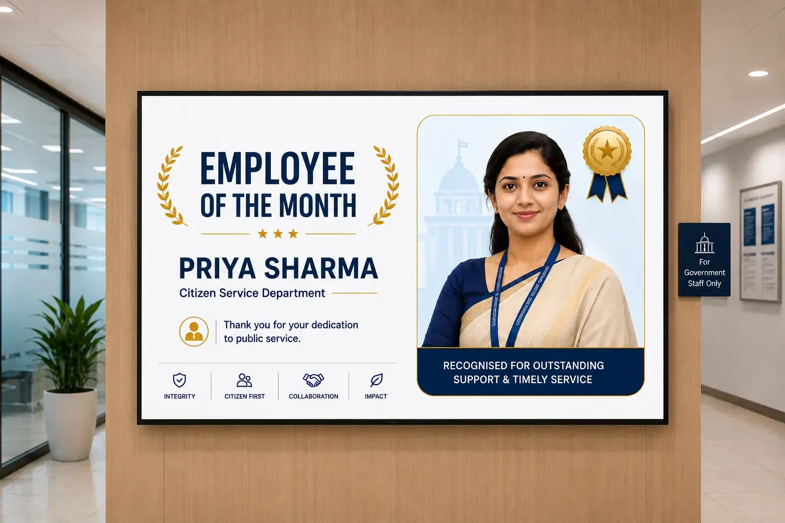 Government & Public Sector Pickcel government employee communication platform showing multi-site screen management dashboard