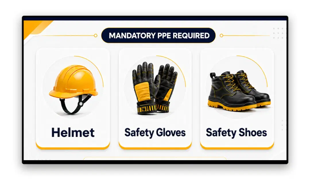 Safety briefings displayed on screens in operational areas