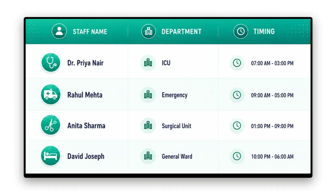 Hospital department screen showing shift roster updates