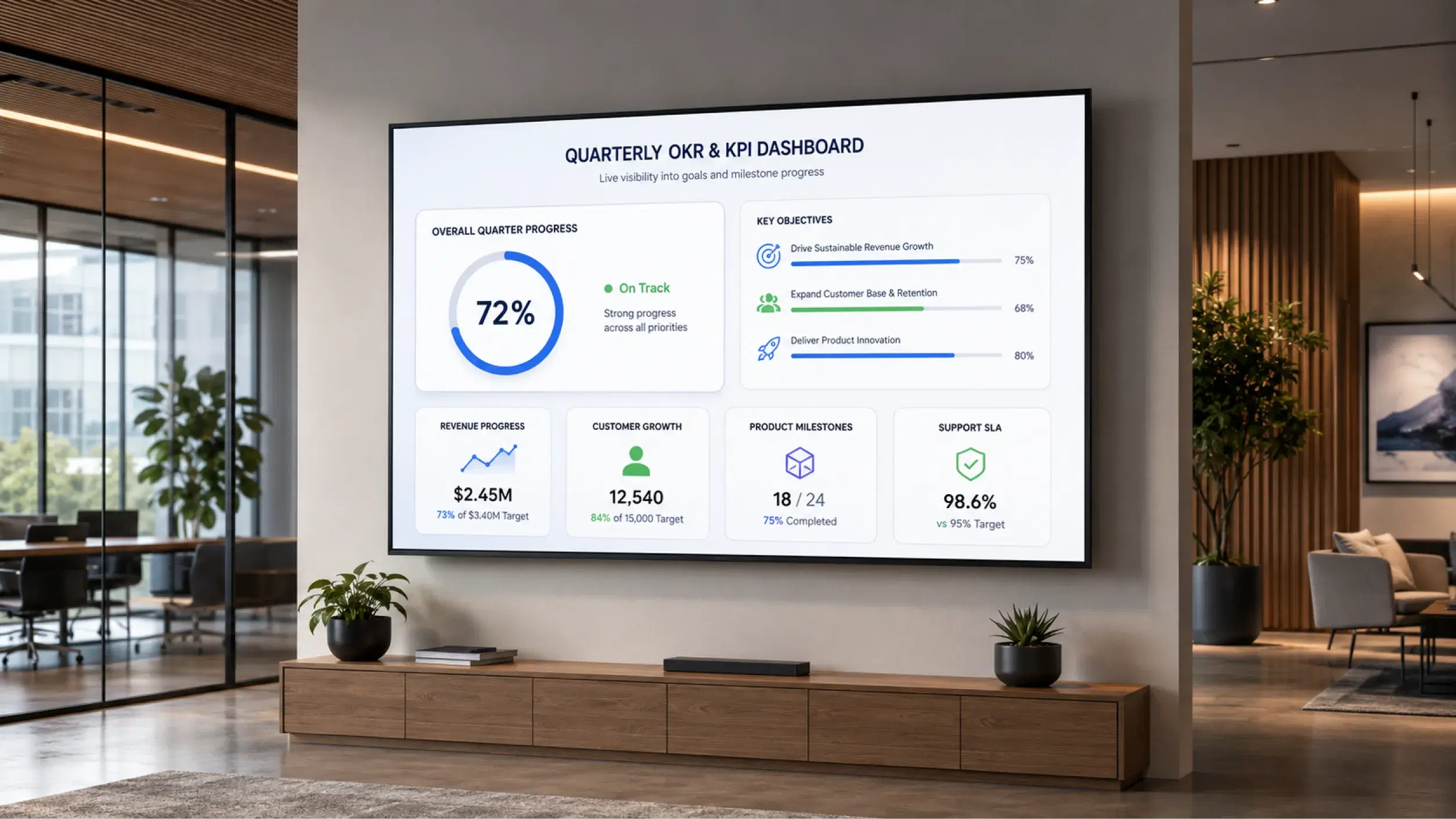 Technology Companies Internal comms professional reviewing office screen content with open-plan office screens showing sprint dashboards