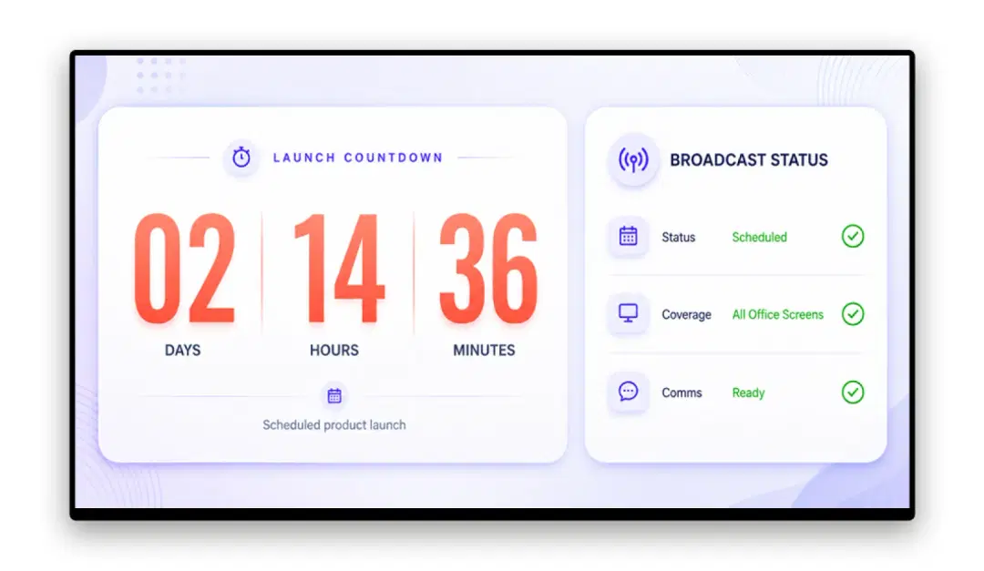 Office screens showing a product launch countdown and company announcement