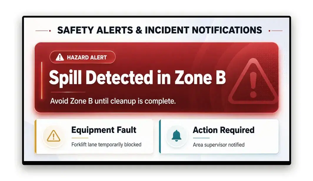 Safety communication system on warehouse floor display