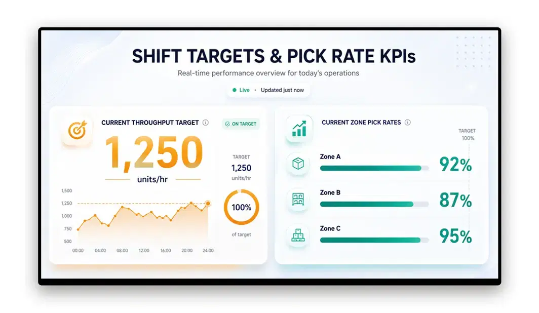 Warehouse pick aisle screen showing shift targets and pick rate KPIs