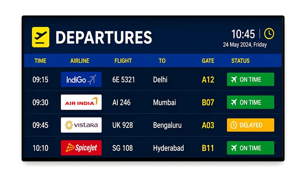 Airport departure hall with large-format FIDS departure boards managed by Pickcel