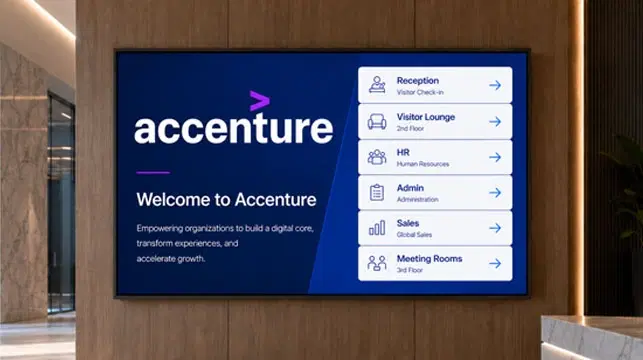 Accenture corporate reception digital signage displays managed with Pickcel